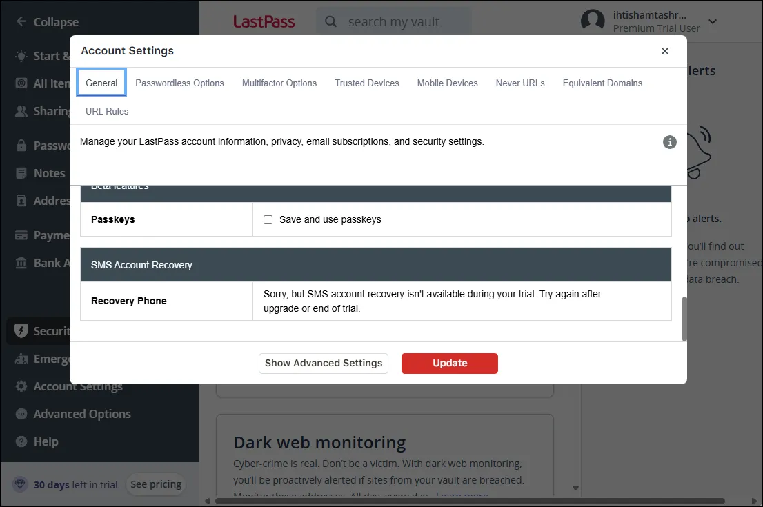 Các tùy chọn khôi phục tài khoản LastPass trên giao diện web