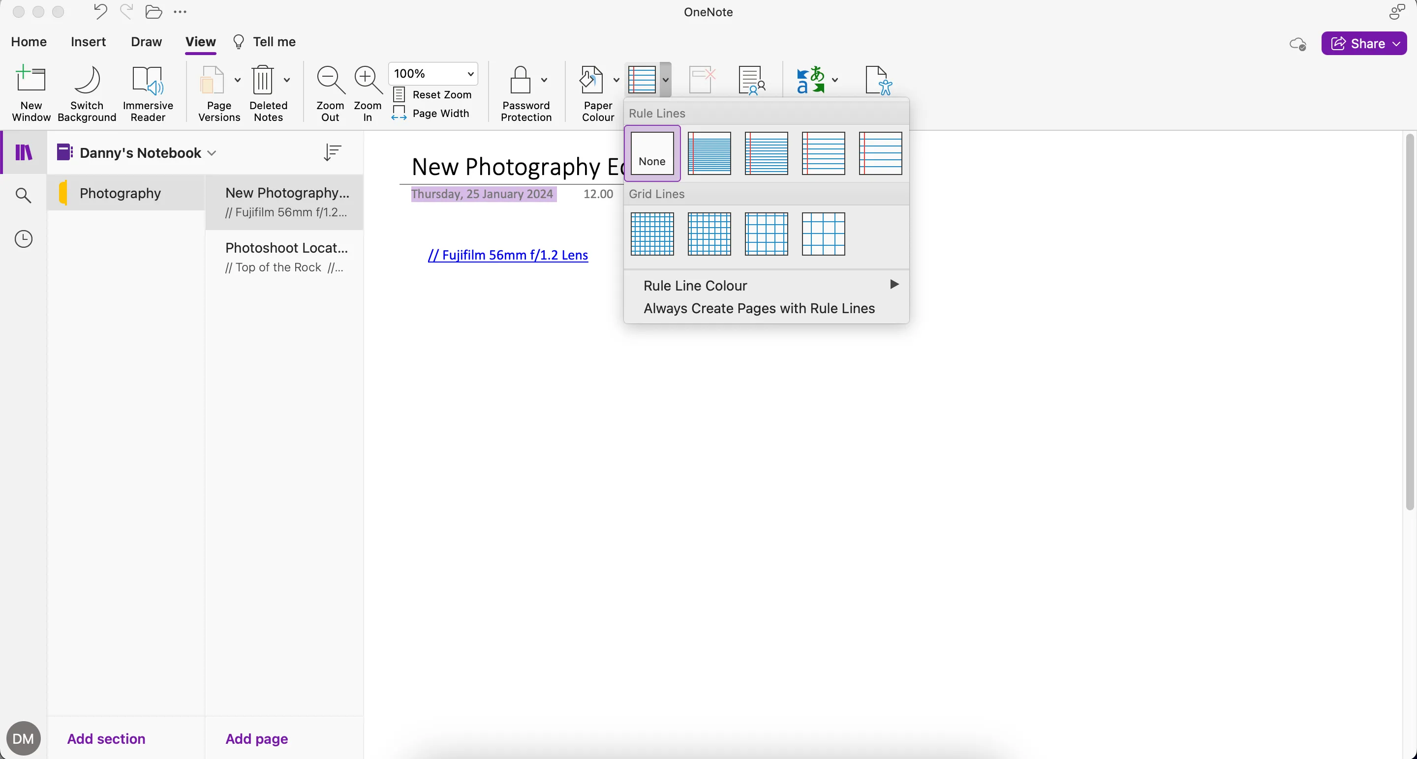 Các tùy chọn kiểu giấy và bố cục ghi chú đa dạng trong Microsoft OneNote.