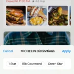 Các tùy chọn lọc "Michelin Distinctions" trong Apple Maps để tìm nhà hàng sao Michelin.