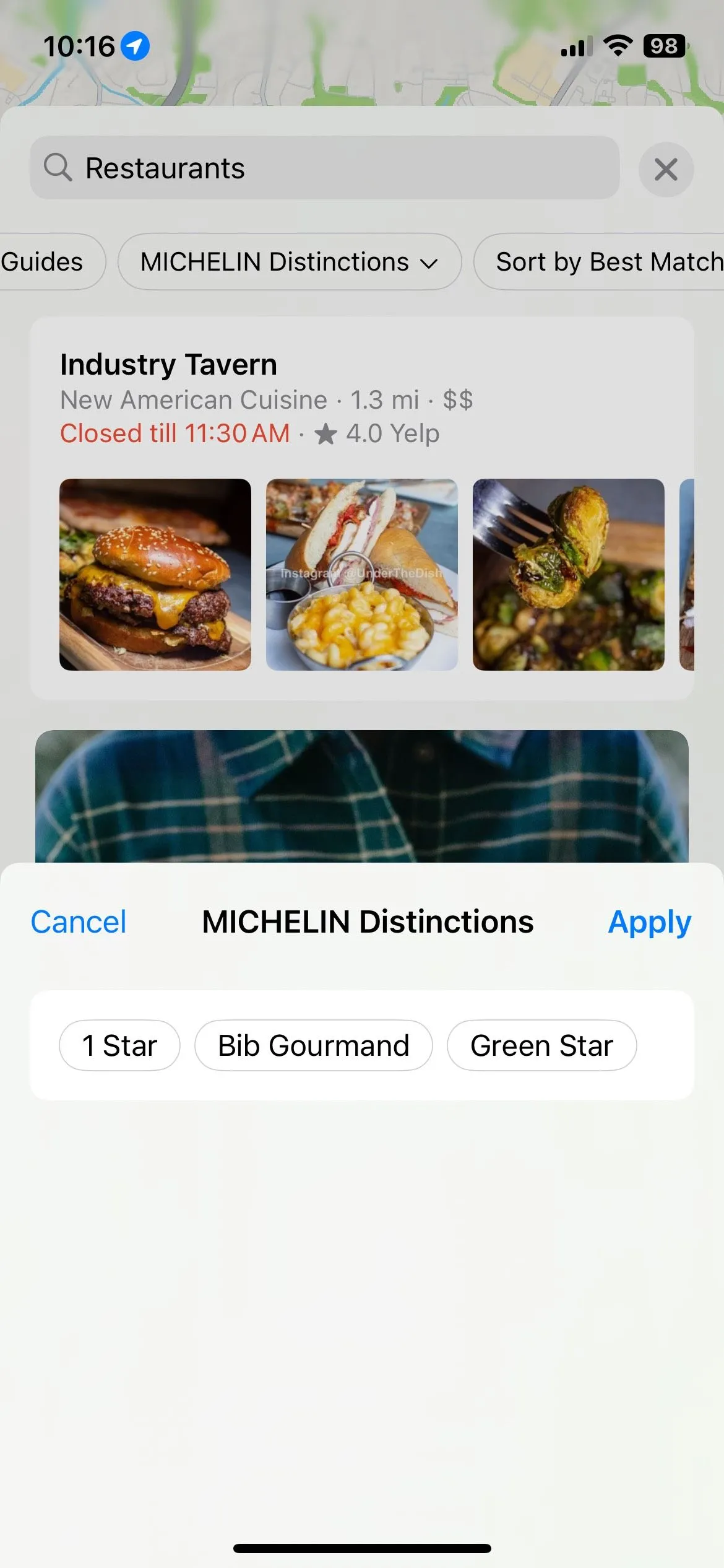 Các tùy chọn lọc "Michelin Distinctions" trong Apple Maps để tìm nhà hàng sao Michelin.
