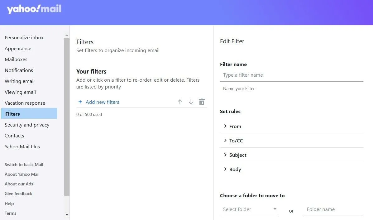Các tùy chọn thiết lập bộ lọc mới trong Yahoo Mail