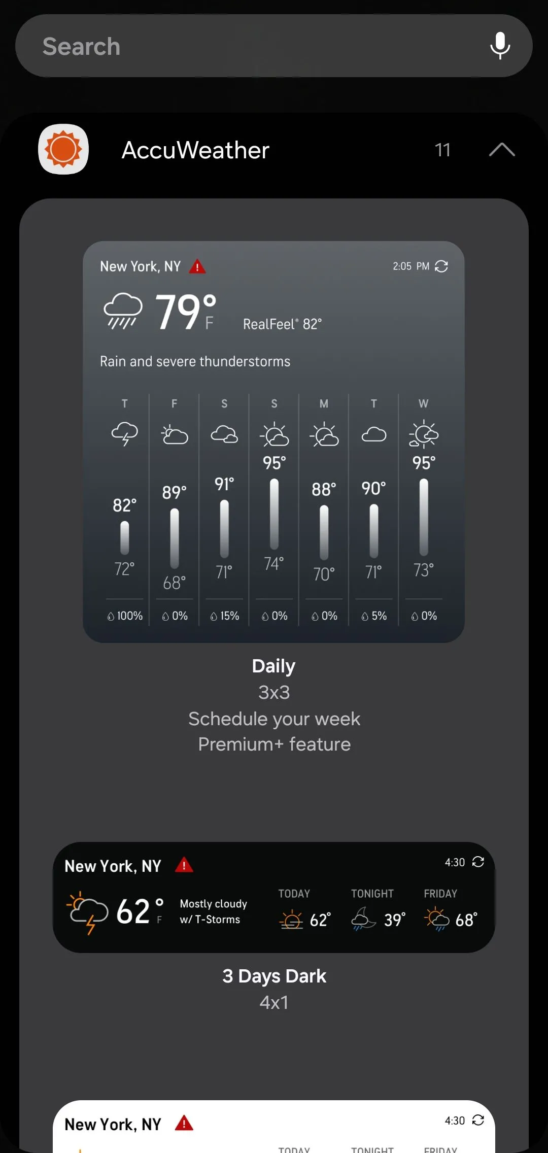 Các tùy chọn widget của AccuWeather bao gồm kích thước lớn và nhỏ.