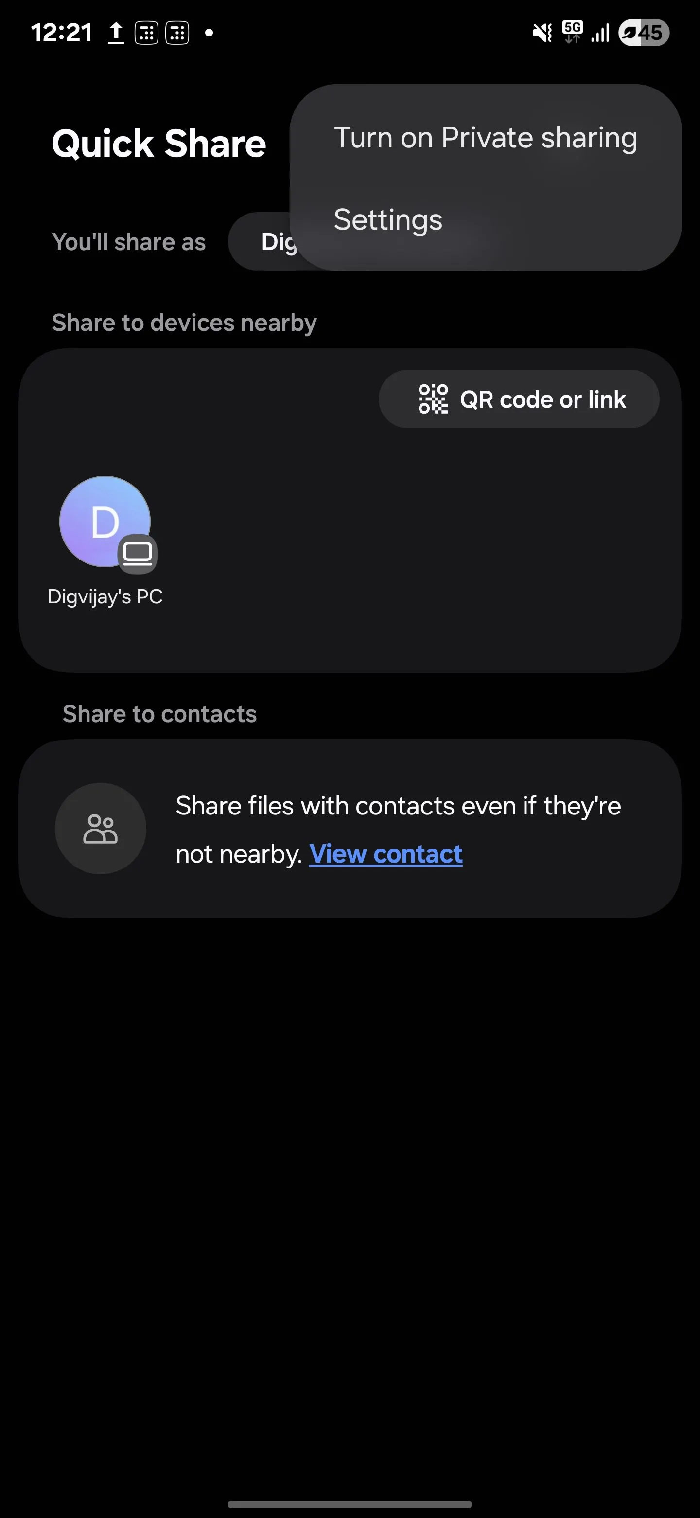 Cách bật tính năng Chia sẻ Riêng tư (Private Sharing) trực tiếp từ giao diện Quick Share trên điện thoại Samsung.