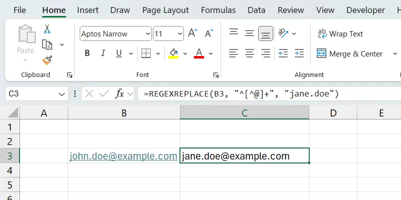 Cách dùng hàm REGEXREPLACE trong Excel để thay thế phần tên người dùng của email