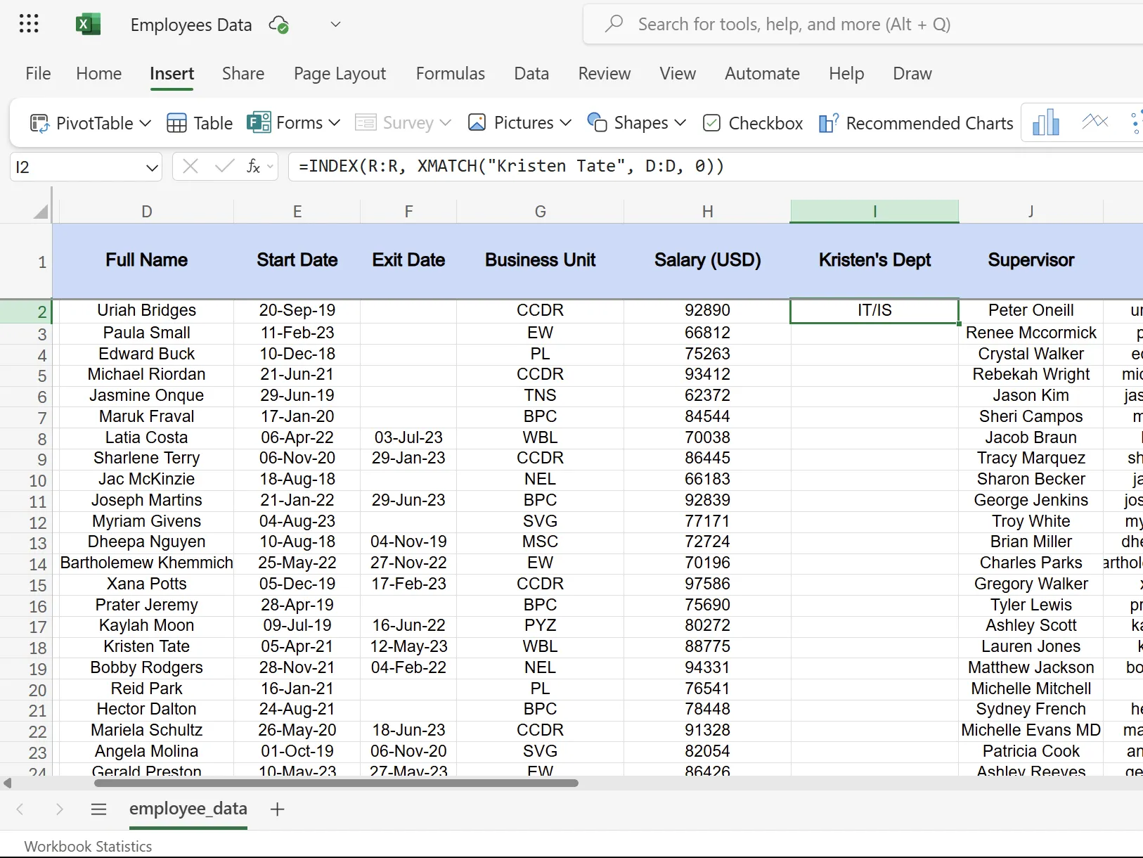 Cách kết hợp hàm INDEX và XMATCH trong Excel để tìm phòng ban của nhân viên &quot;Kristen Tate&quot;
