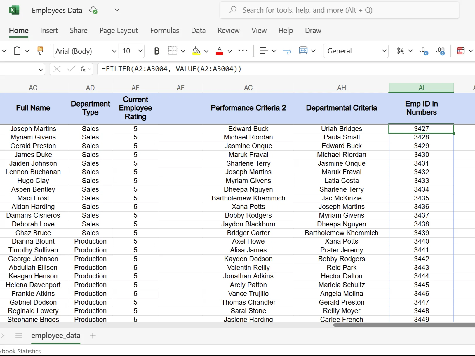 Cách sử dụng hàm VALUE để chuyển đổi ID nhân viên dạng văn bản sang số trong Excel trước khi lọc.