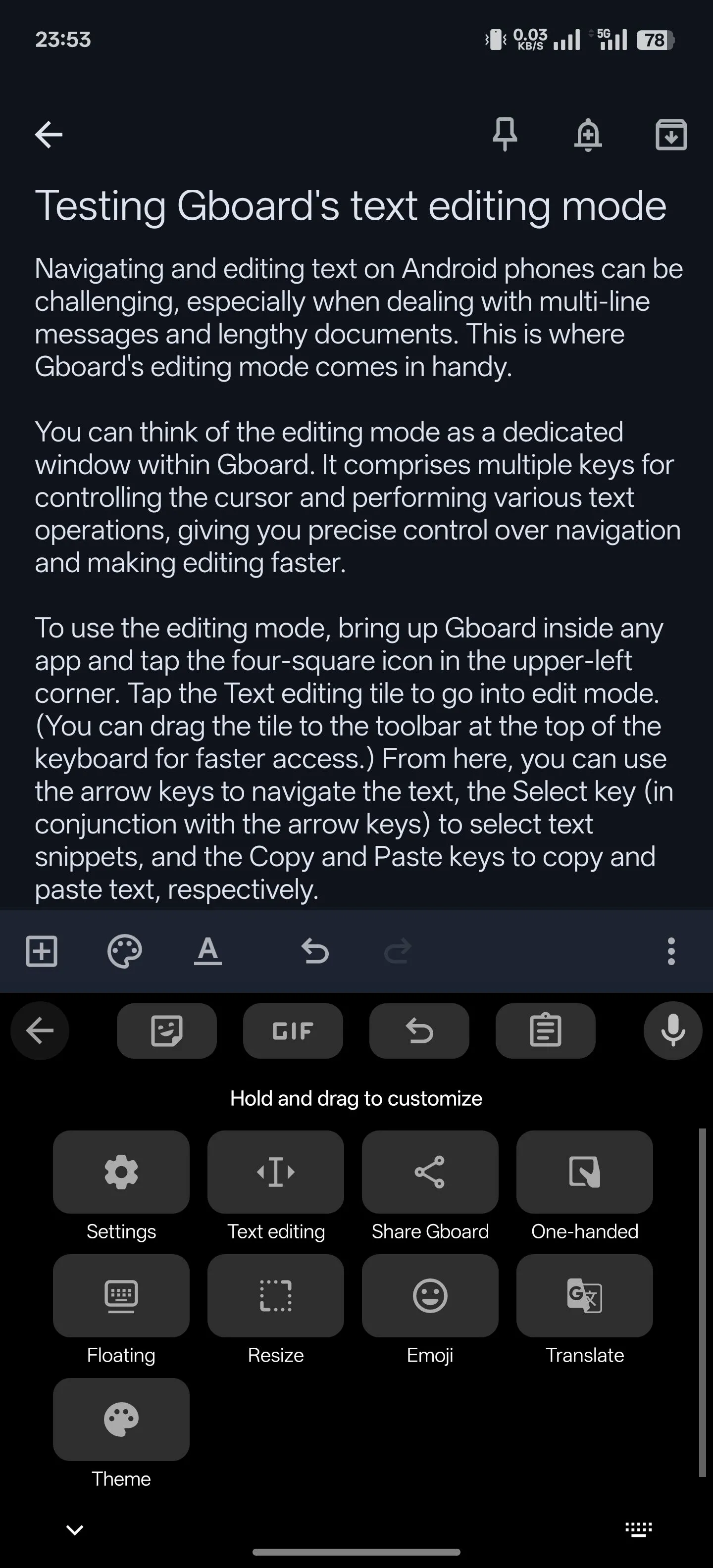Cách truy cập chế độ chỉnh sửa văn bản trong Gboard trên Android.
