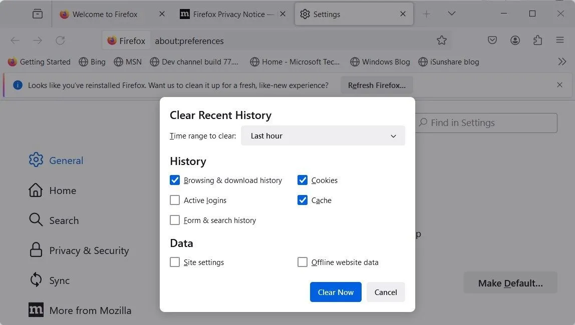 Cách xóa lịch sử duyệt web và cookie trên trình duyệt Mozilla Firefox.