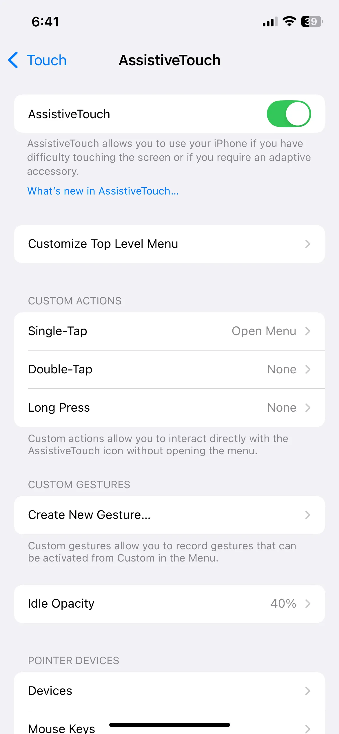 Cài đặt AssistiveTouch trên iPhone, hiển thị các tùy chọn tùy chỉnh cho nút ảo.