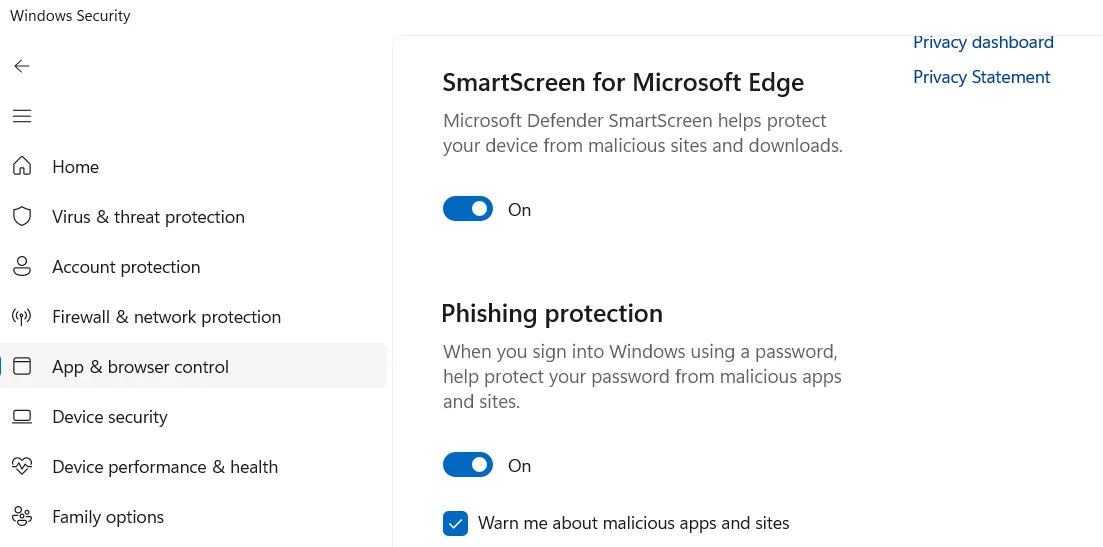 Cài đặt bảo vệ chống lừa đảo trong giao diện Bảo mật Windows, cho phép cấu hình các tùy chọn chống phần mềm độc hại và kiểm soát ứng dụng