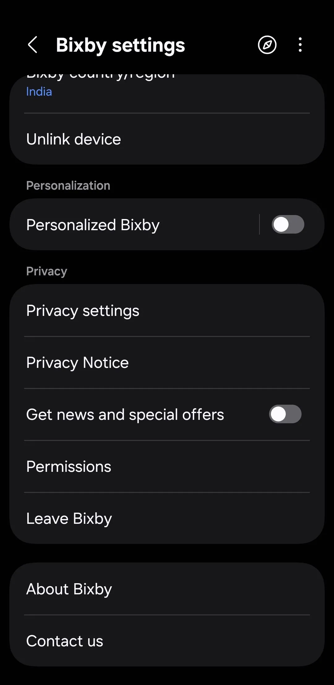 Cài đặt Bixby trên điện thoại Samsung Galaxy, nơi điều chỉnh các tùy chọn riêng tư