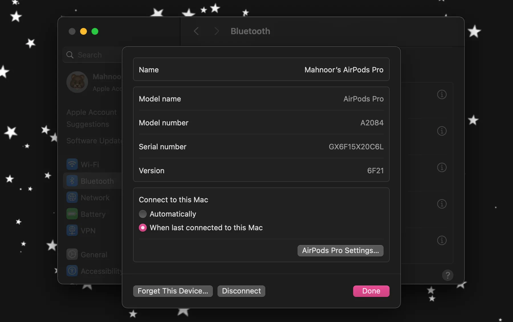 Cài đặt Bluetooth trên macOS hiển thị thông tin AirPods, giúp người dùng xác định số kiểu máy và số sê-ri một cách nhanh chóng.