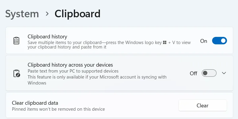 Cài đặt Bộ nhớ tạm trên Windows 11, với tùy chọn Lịch sử bộ nhớ tạm giữa các thiết bị đang tắt.