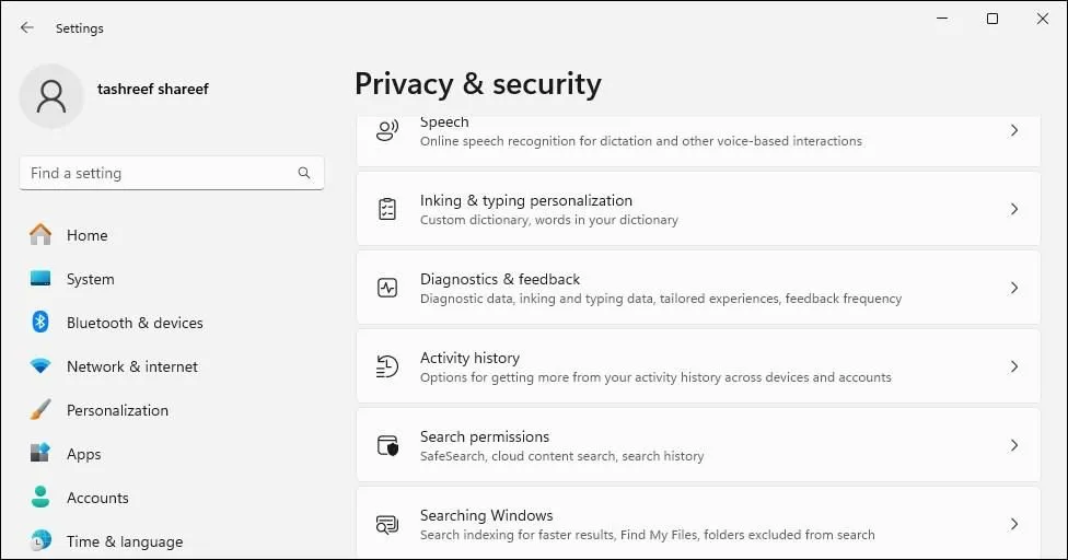 Cài đặt chẩn đoán và phản hồi trong mục Quyền riêng tư &amp; bảo mật của Windows 11.