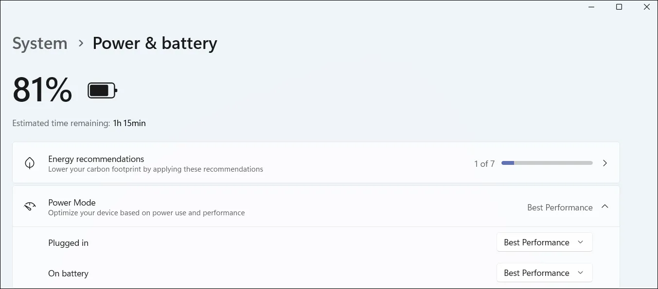 Cài đặt chế độ nguồn điện trong Windows 11 để tối ưu hiệu suất hoặc tiết kiệm pin.