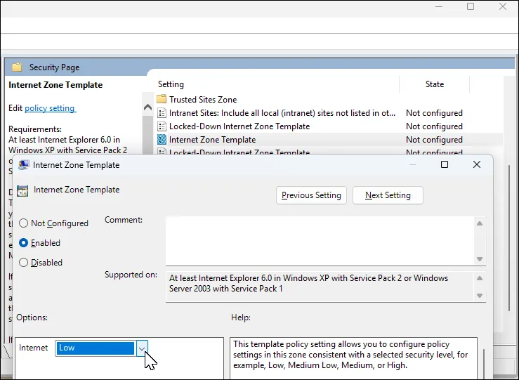 Cài đặt chính sách Internet Zone Template trong Group Policy Editor với thiết lập Low