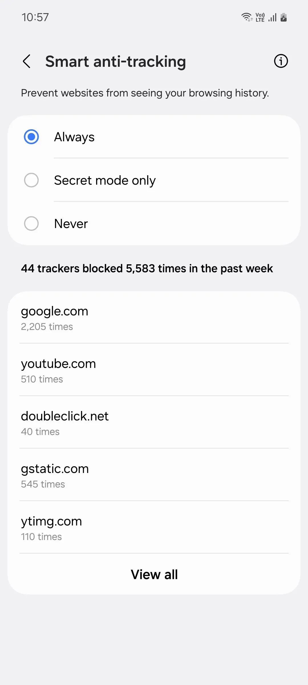 Cài đặt chống theo dõi thông minh (Smart anti-tracking) trên Samsung Internet