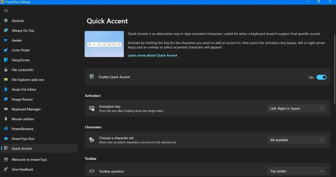 Cài đặt của tính năng Quick Accent trong PowerToys, cho phép tùy chỉnh các ngôn ngữ hỗ trợ gõ dấu.