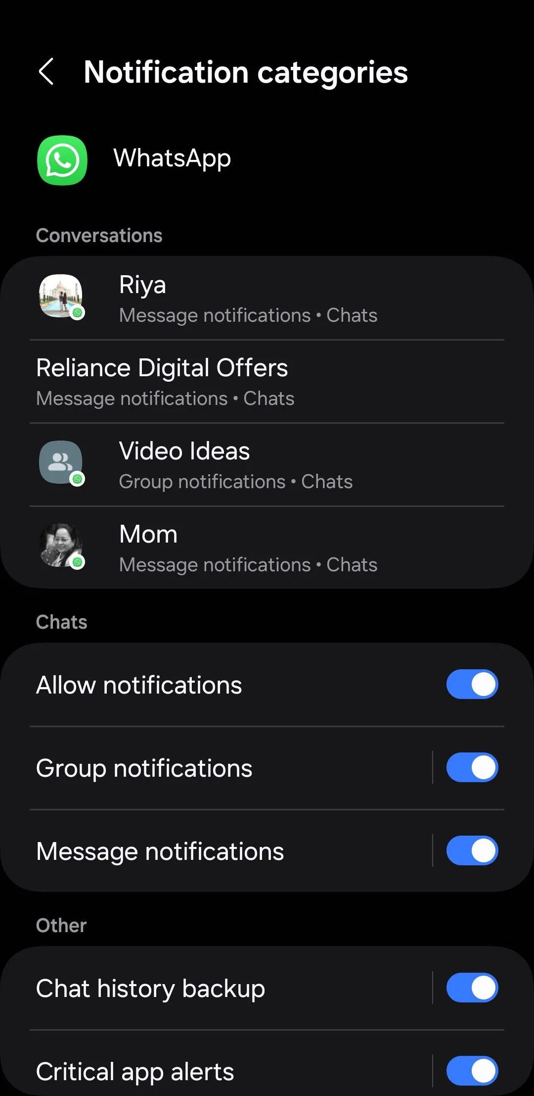 Cài đặt danh mục thông báo ứng dụng WhatsApp trên điện thoại Android