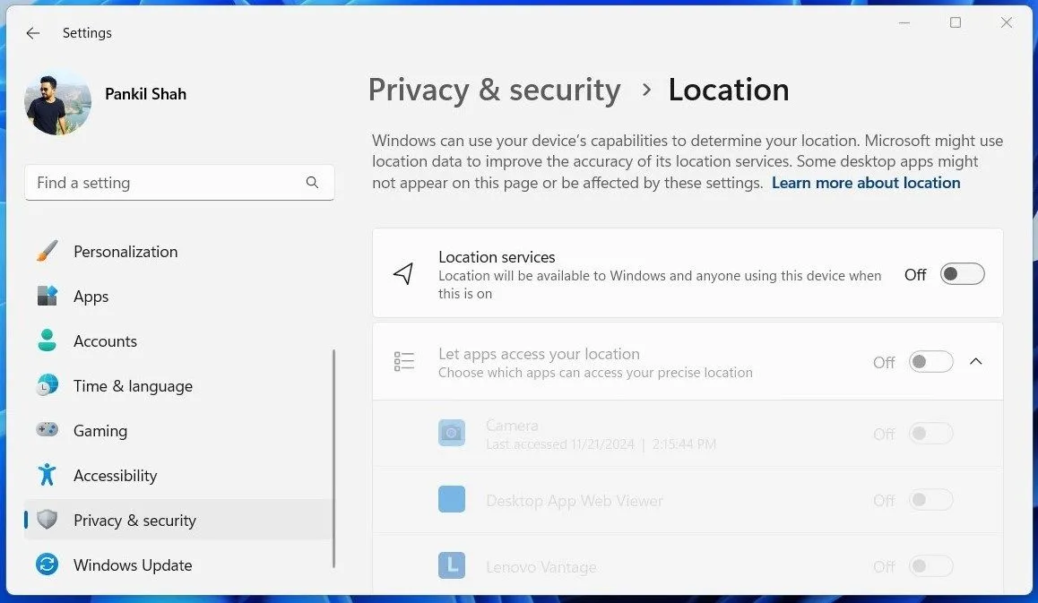 Cài đặt Dịch vụ định vị trong ứng dụng Cài đặt của Windows 11, hiển thị tùy chọn tắt/bật định vị.