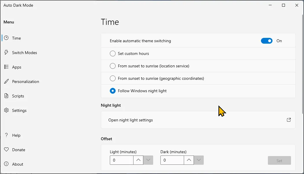 Cài đặt giao diện Auto Dark Mode trên Windows 11 cho phép chuyển đổi chủ đề sáng tối tự động