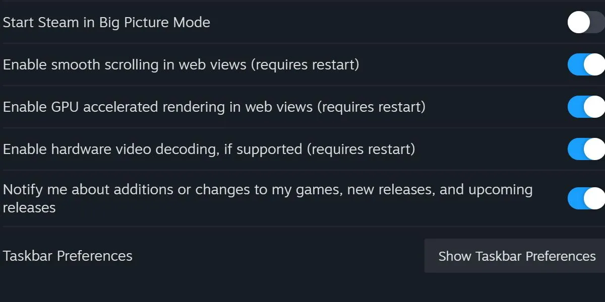 Cài đặt giao diện Steam hiển thị tùy chọn vô hiệu hóa tăng tốc phần cứng GPU