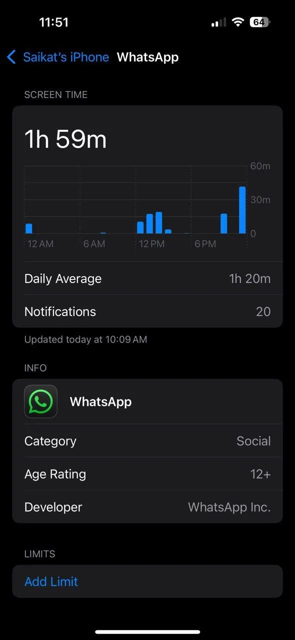 Cài đặt giới hạn thời gian sử dụng cho ứng dụng WhatsApp trong Screen Time iPhone