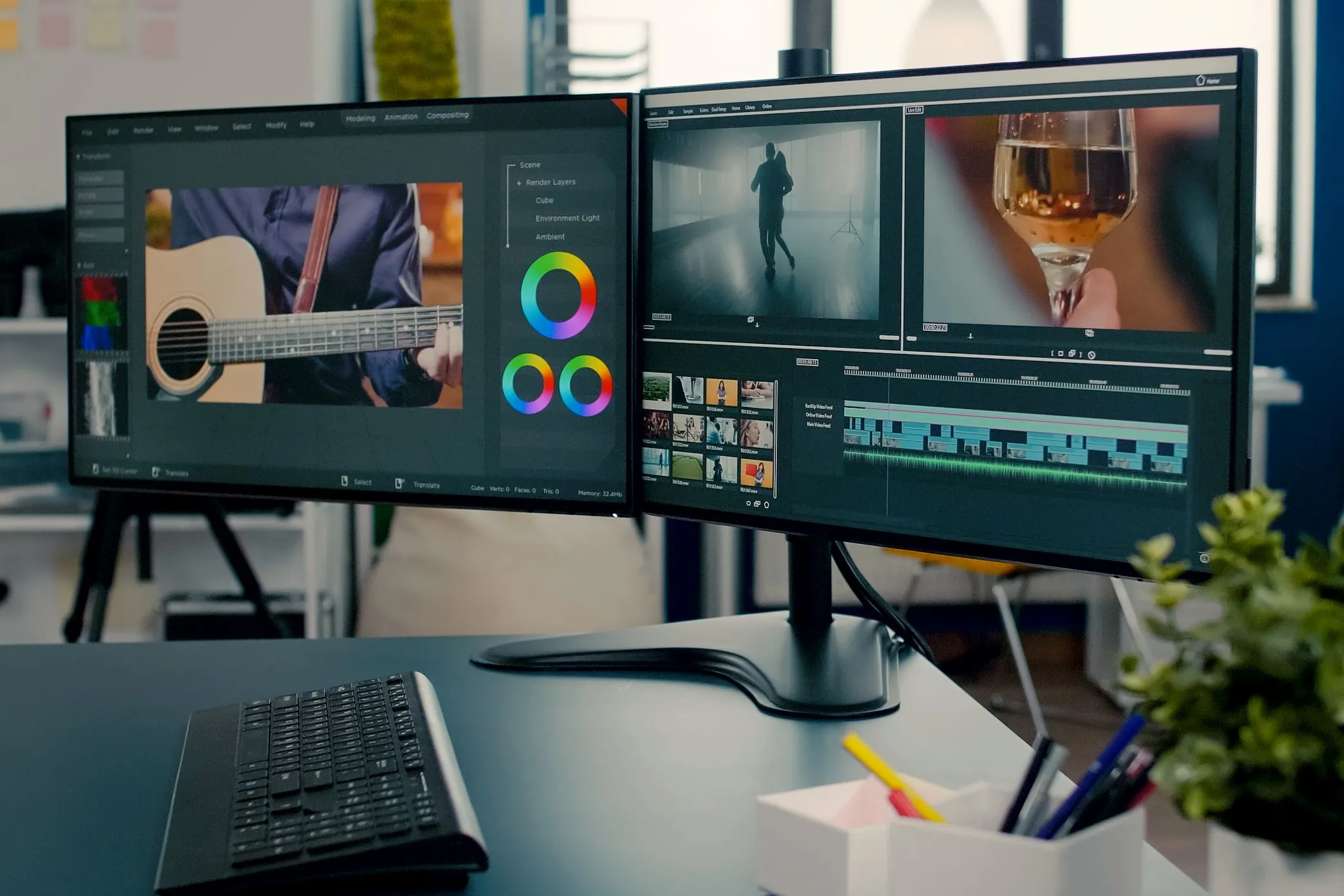 Cài đặt hai màn hình máy tính với phần mềm chỉnh sửa video trên một màn hình