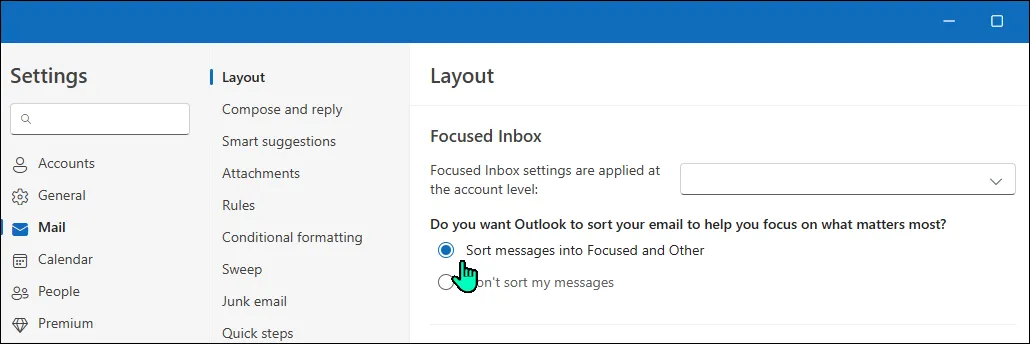 Cài đặt Hộp thư đến ưu tiên (Focused Inbox) đã được bật trong ứng dụng Outlook trên Windows, giúp phân loại email hiệu quả