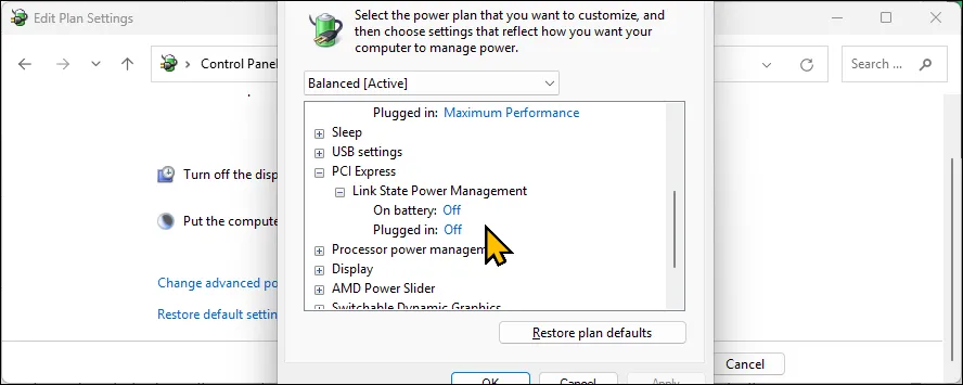 Cài đặt &quot;Link State Power Management&quot; trong mục PCI Express của Power Options trên Windows 11