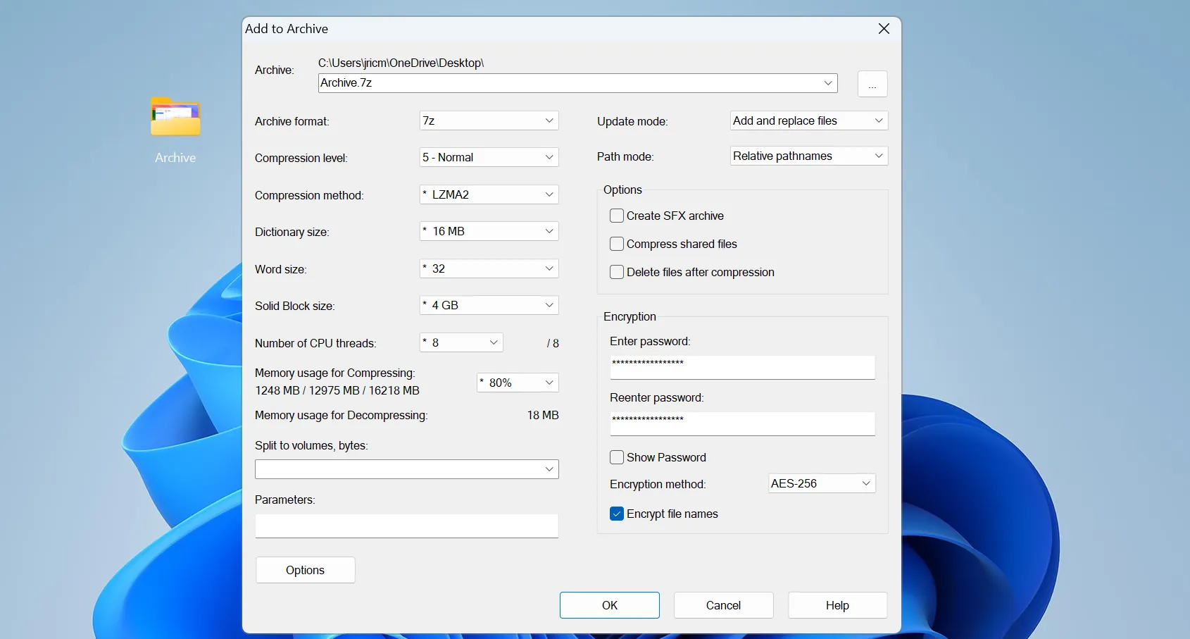 Cài đặt mật khẩu và tùy chọn mã hóa tên file trong giao diện 7-Zip