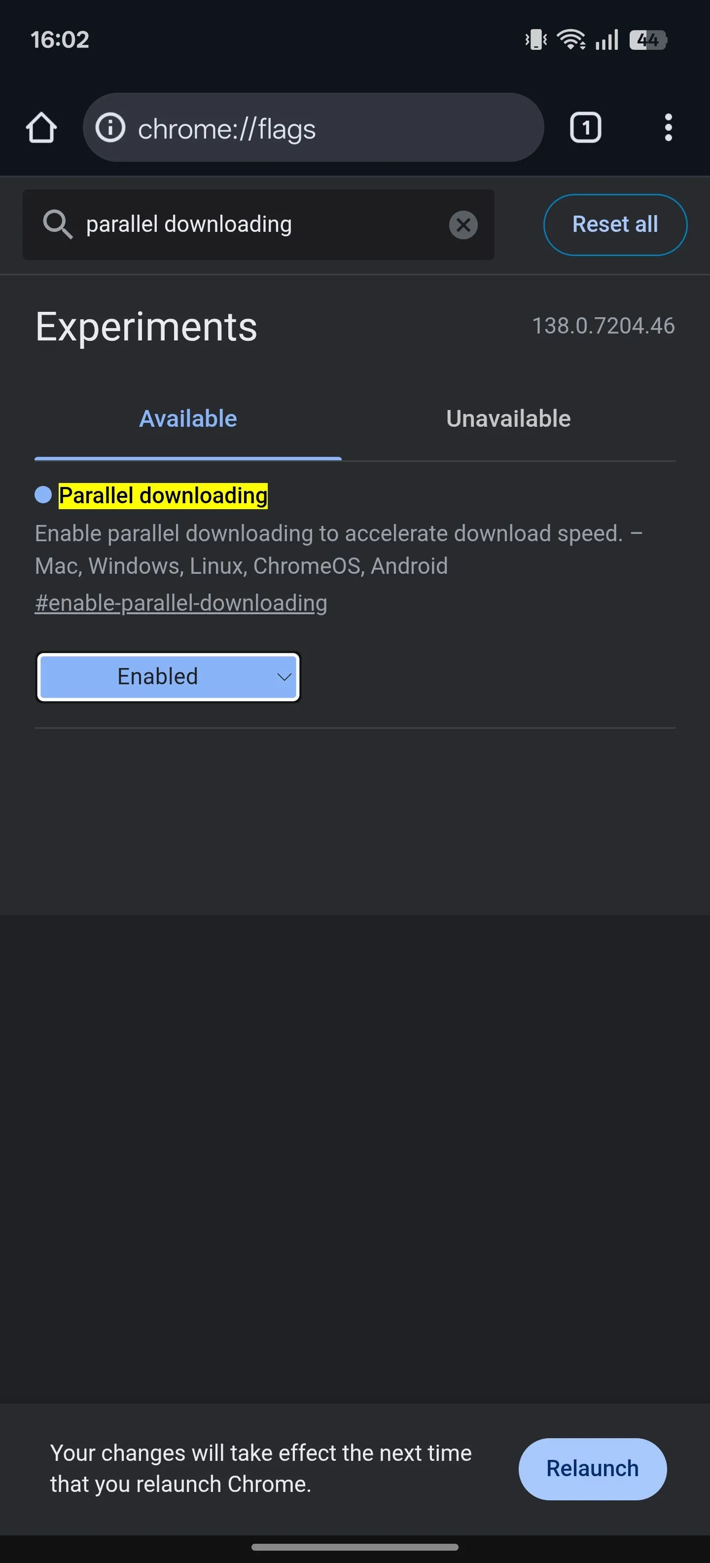 Cài đặt một cờ Chrome Flags thành chế độ &quot;Enabled&quot; trong trình duyệt Chrome trên Android.