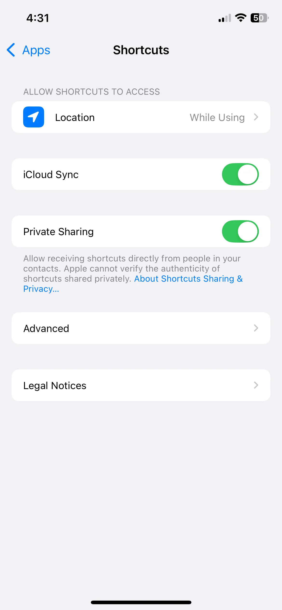 Cài đặt nâng cao của ứng dụng Phím tắt trên iPhone để cấp quyền xóa dữ liệu hàng loạt