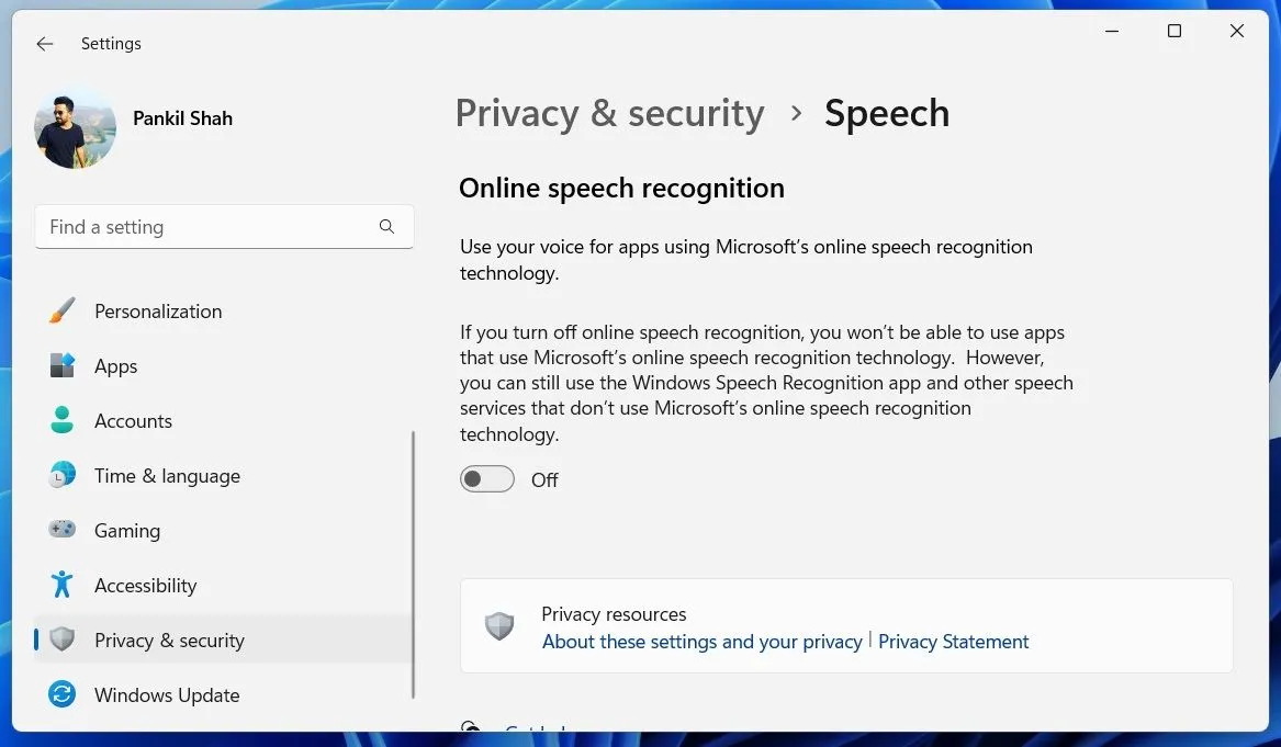 Cài đặt Nhận dạng giọng nói trực tuyến trong ứng dụng Cài đặt của Windows 11.