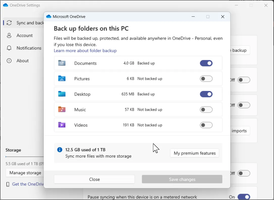 Cài đặt quản lý sao lưu thư mục của OneDrive trên Windows 11.