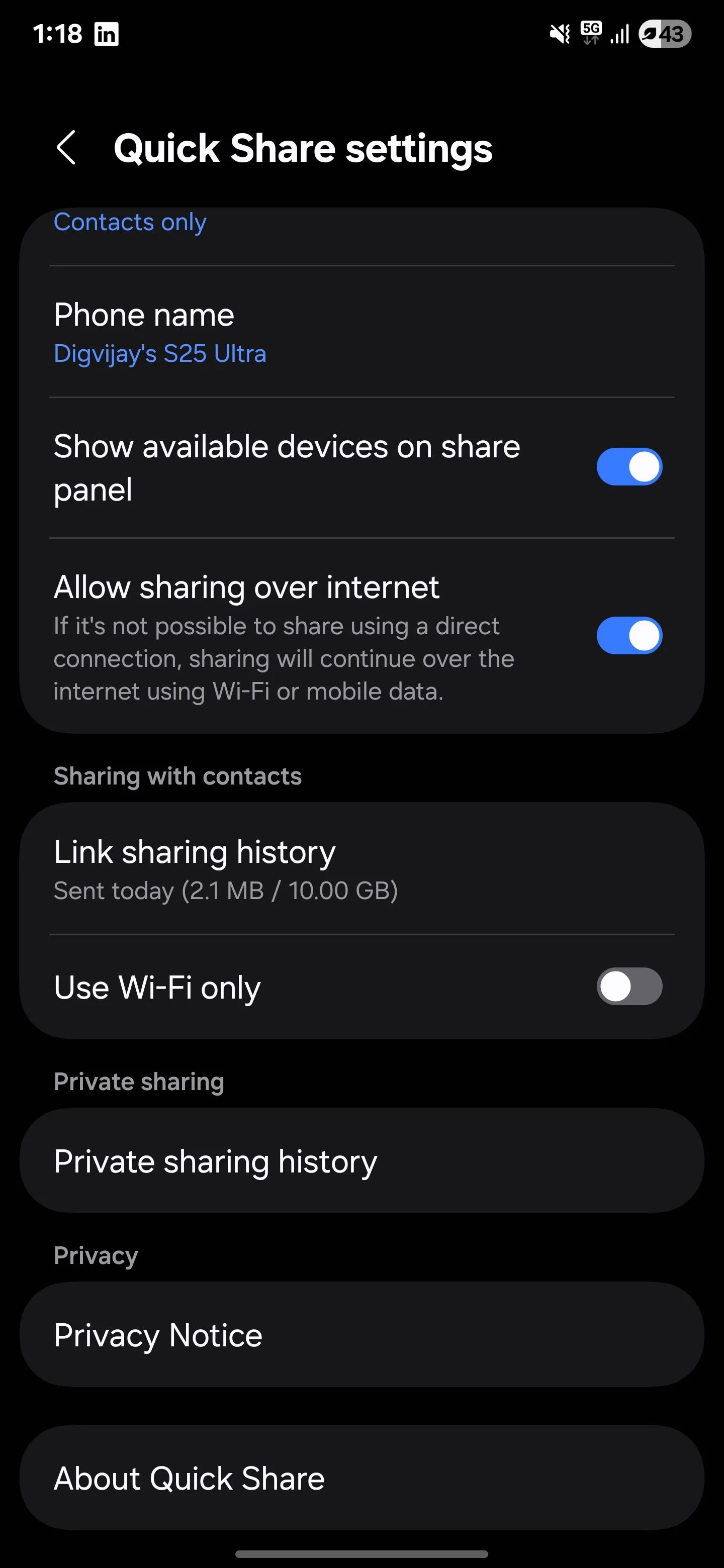 Cài đặt Quick Share trên điện thoại Samsung Galaxy cho phép tùy chỉnh các tùy chọn chia sẻ file nhanh chóng và an toàn.