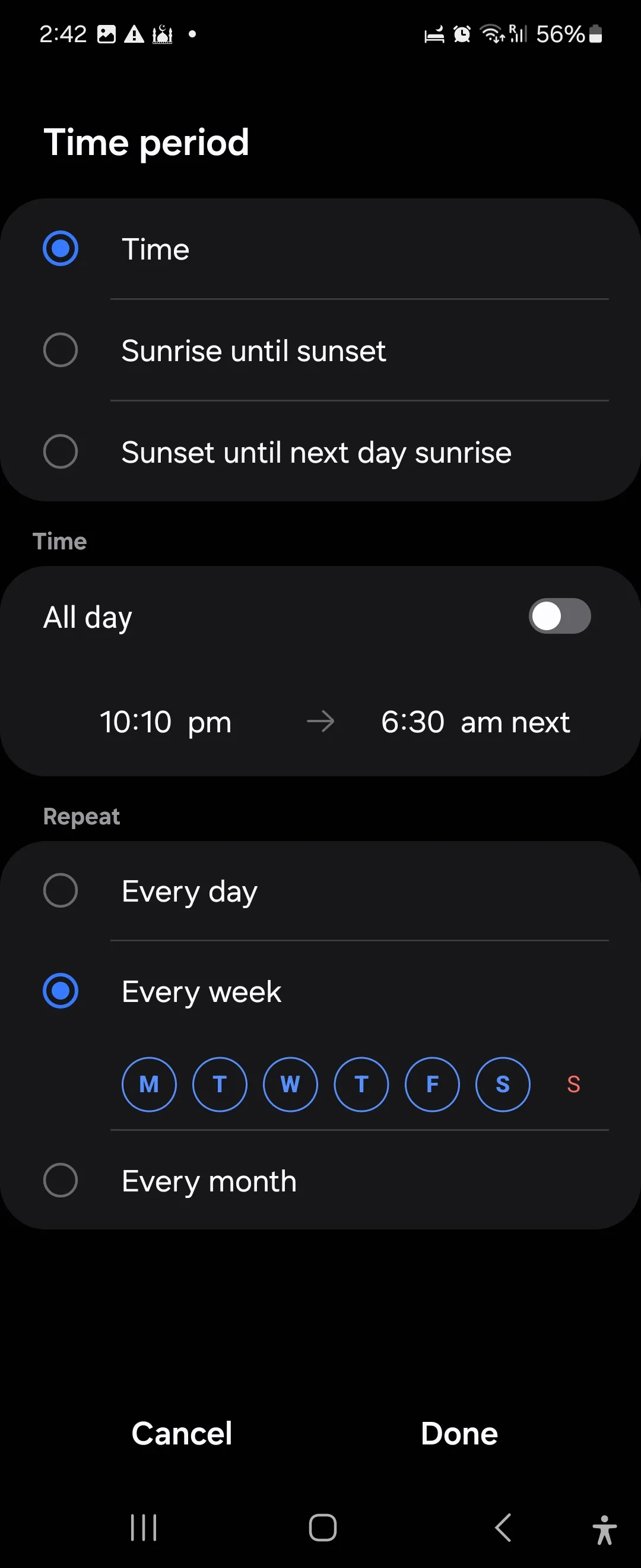 Cài đặt Quy trình ngủ trong ứng dụng Chế độ và Quy trình Samsung cho tính năng Extradim và Dark mode
