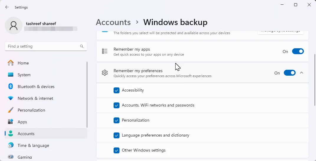 Cài đặt sao lưu dữ liệu Windows 11 qua tài khoản Microsoft và OneDrive