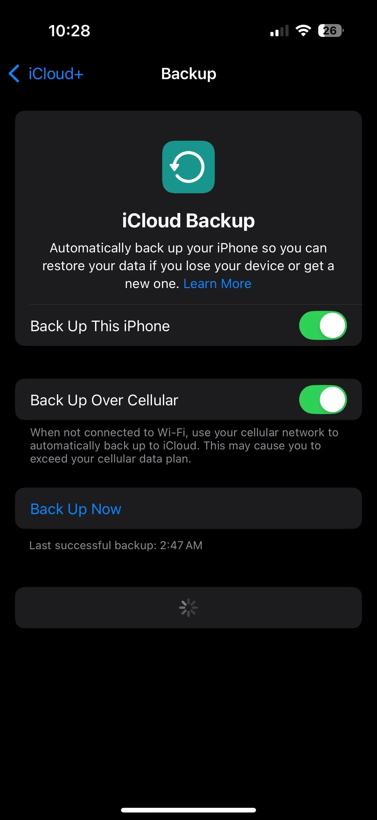 Cài đặt Sao lưu iCloud qua Dữ liệu di động trên iPhone đang được bật