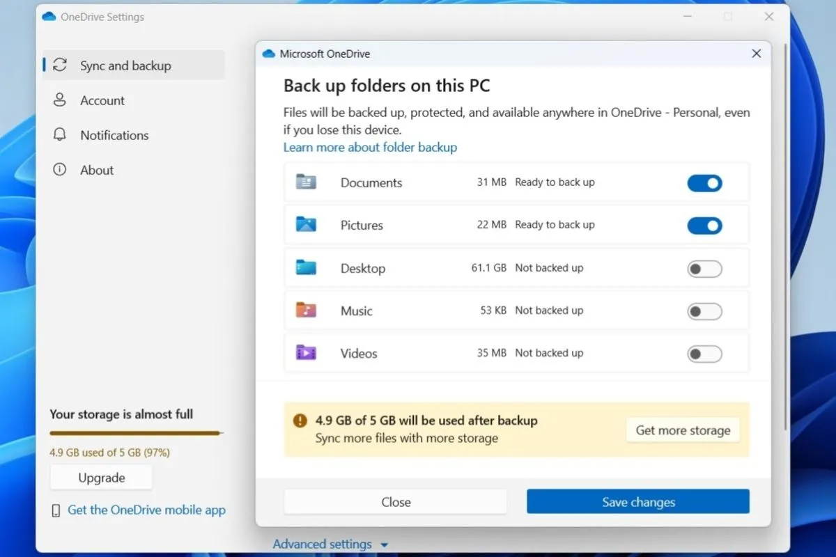 Cài đặt sao lưu OneDrive trên máy tính Windows