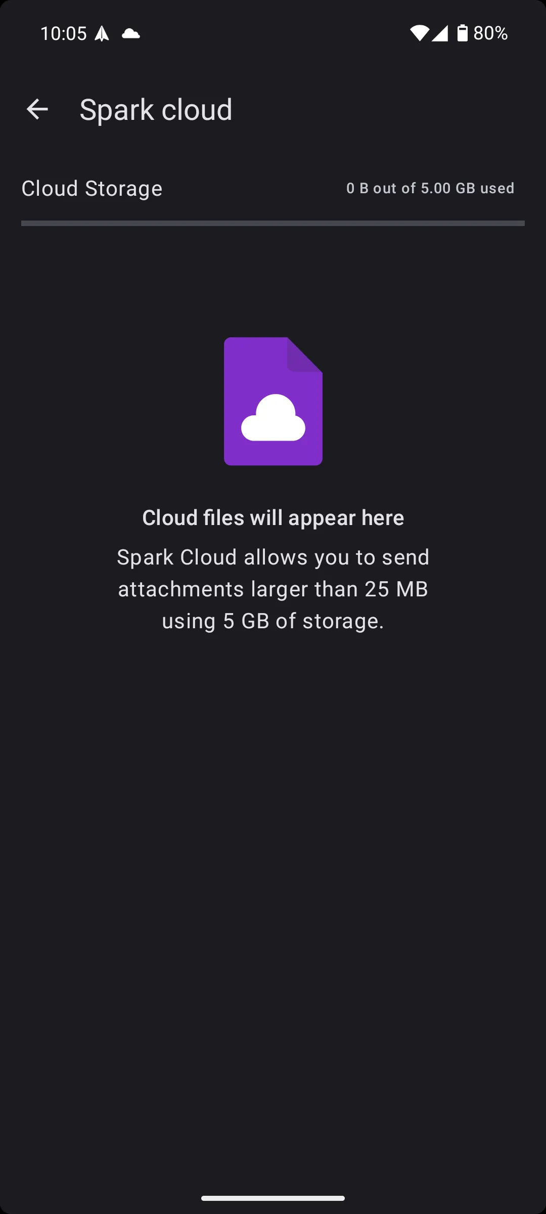 Cài đặt Spark Cloud trong Spark Mail Android, hiển thị dung lượng lưu trữ đám mây 5GB cho file đính kèm