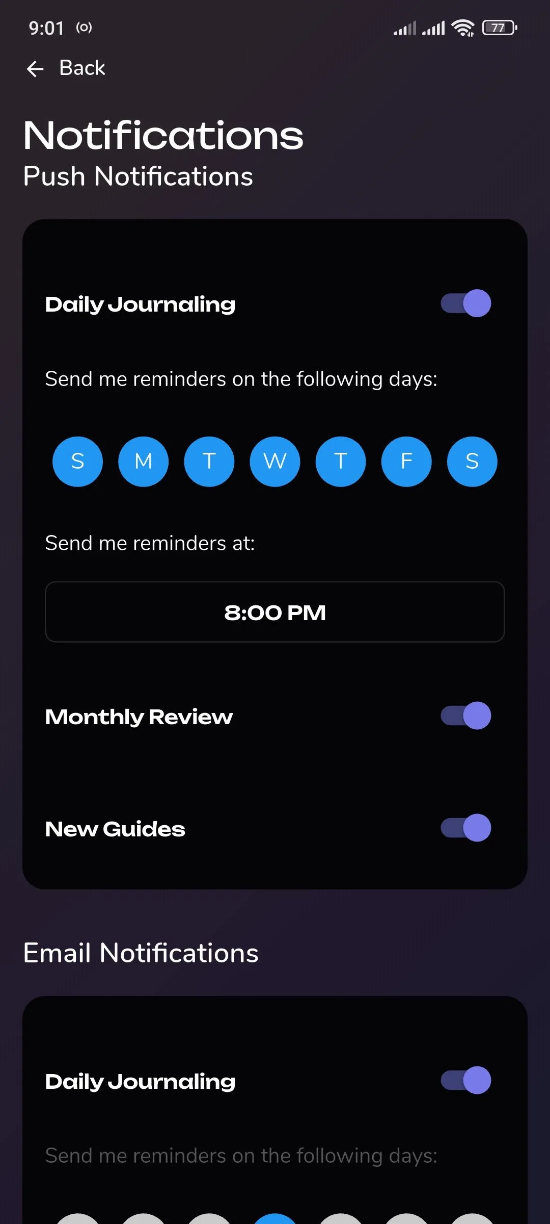 Cài đặt thông báo của ứng dụng Reflection.app, một trong những tùy chọn tùy chỉnh cho người dùng