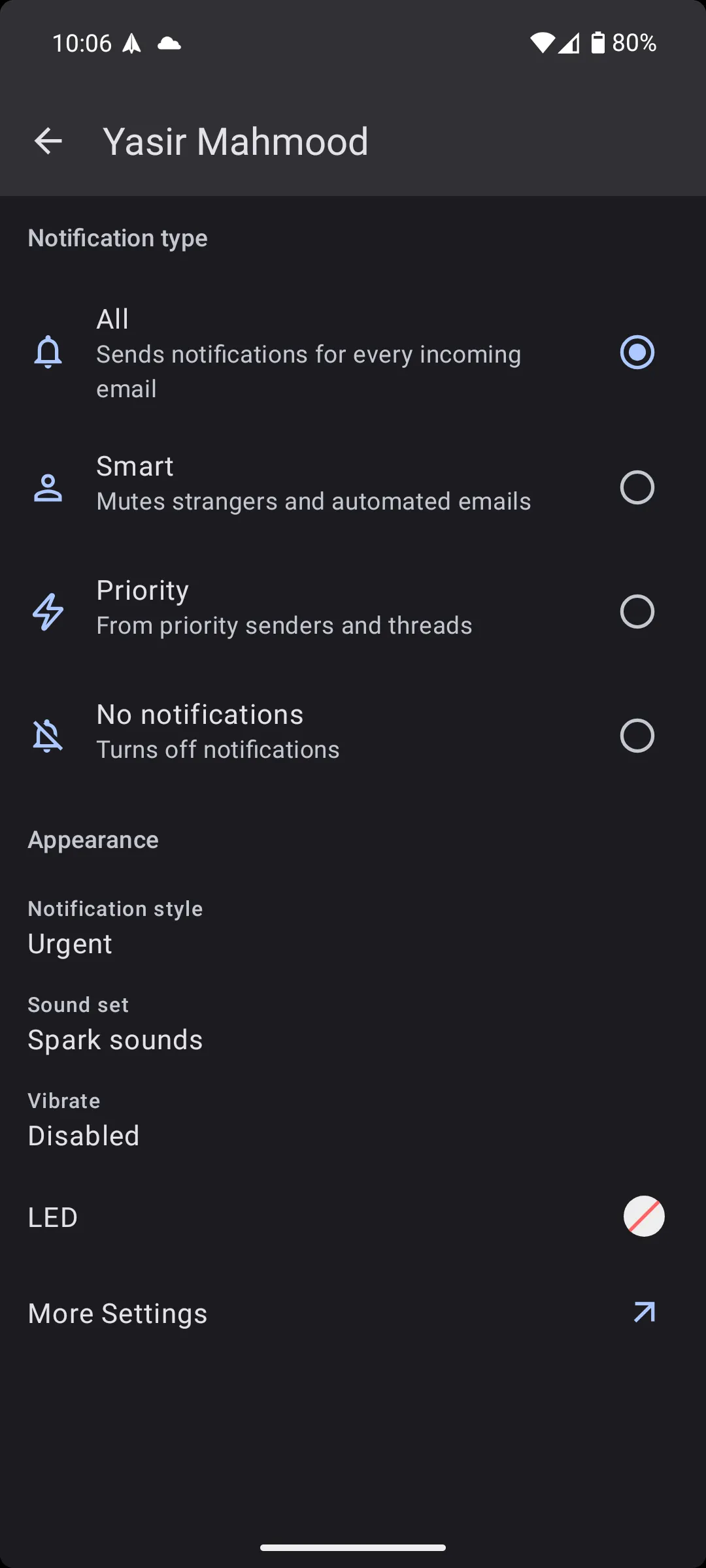 Cài đặt thông báo thông minh trong ứng dụng Spark Mail Android, giúp giảm thiểu phiền nhiễu từ email không quan trọng
