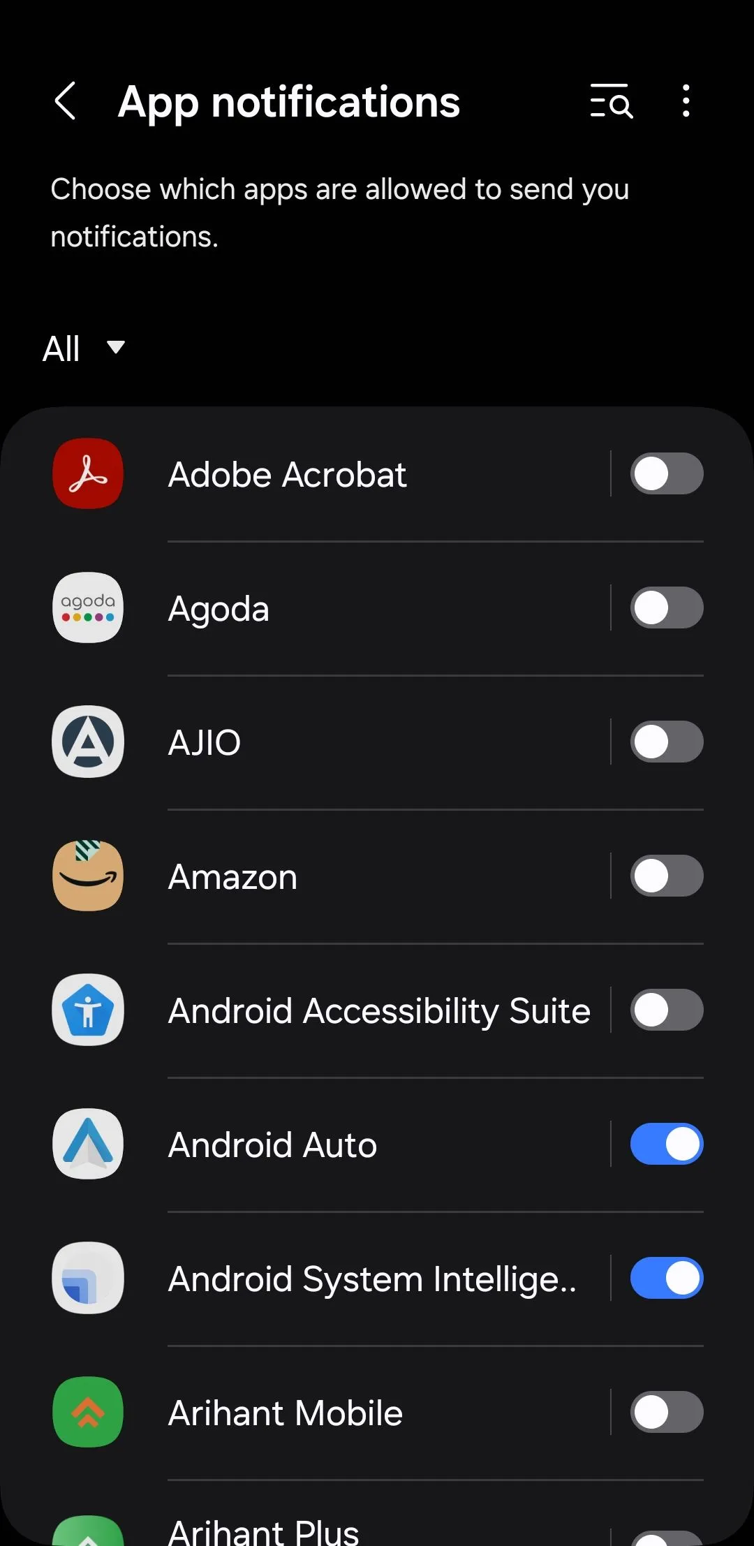 Cài đặt thông báo ứng dụng trên Android hiển thị tùy chọn tắt/bật thông báo