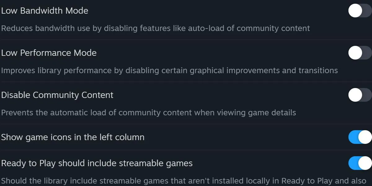 Cài đặt thư viện Steam với tùy chọn &quot;Low Performance Mode&quot; được kích hoạt