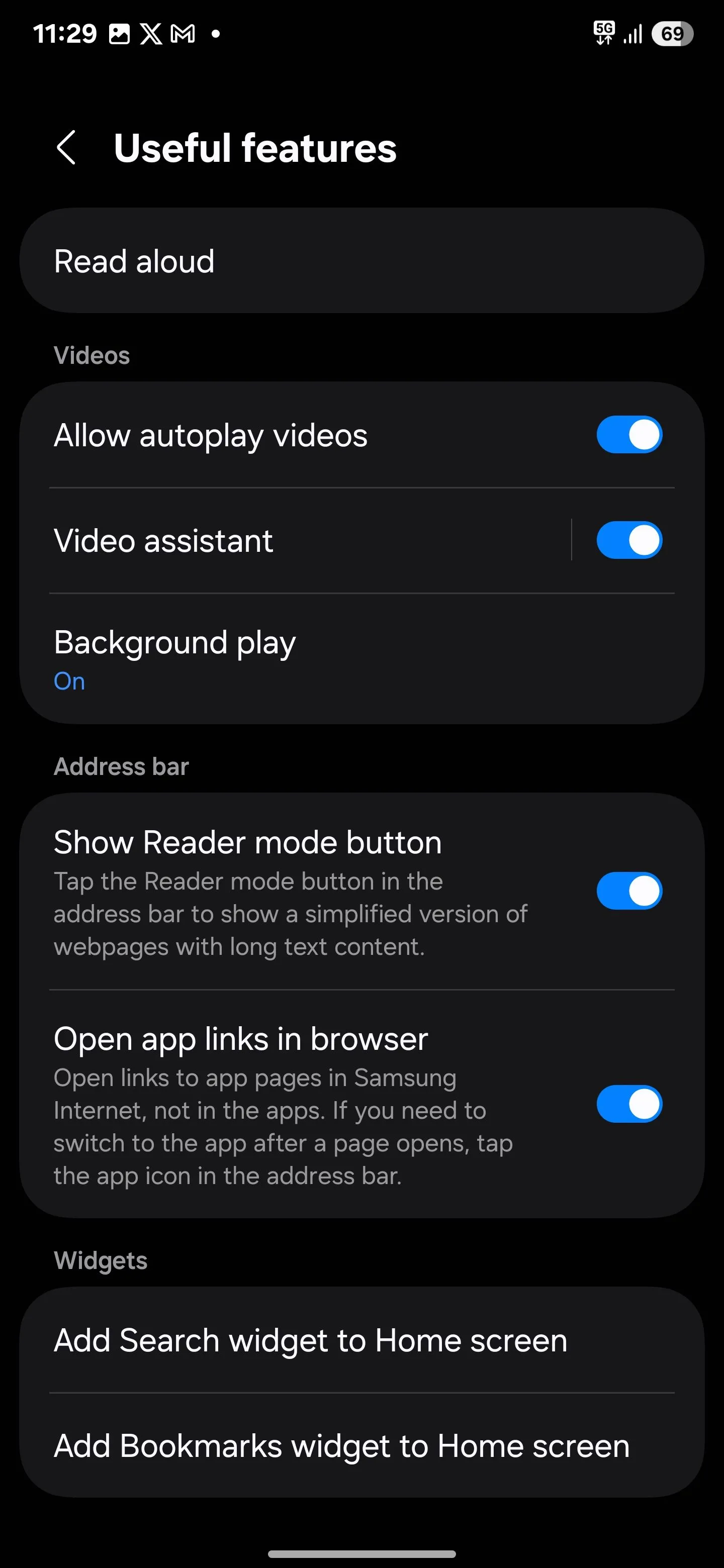 Cài đặt tính năng phát video nền (Background play) của Samsung Internet đã được bật.