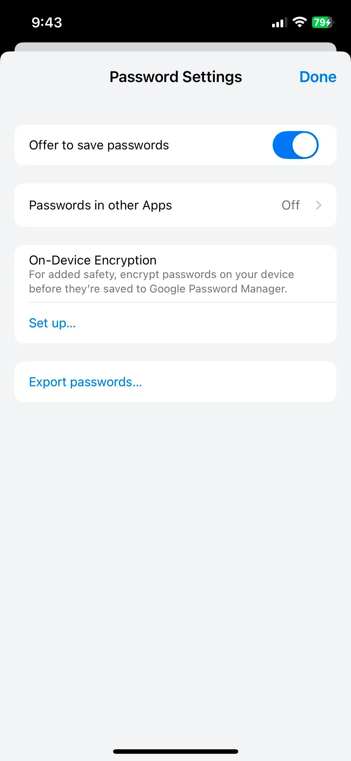 Cài đặt Trình quản lý mật khẩu của Chrome trên iOS, cho thấy tùy chọn quản lý và truy cập mật khẩu đã lưu