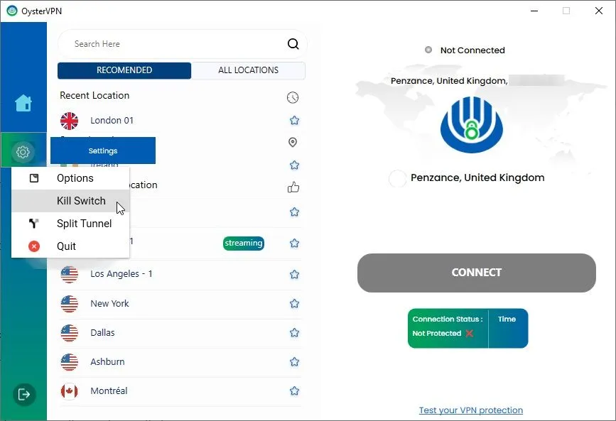 Cài đặt trong OysterVPN với tùy chọn vô hiệu hóa tính năng Kill Switch được đánh dấu, nhấn mạnh tầm quan trọng của Kill Switch để bảo vệ quyền riêng tư khi kết nối VPN bị gián đoạn.