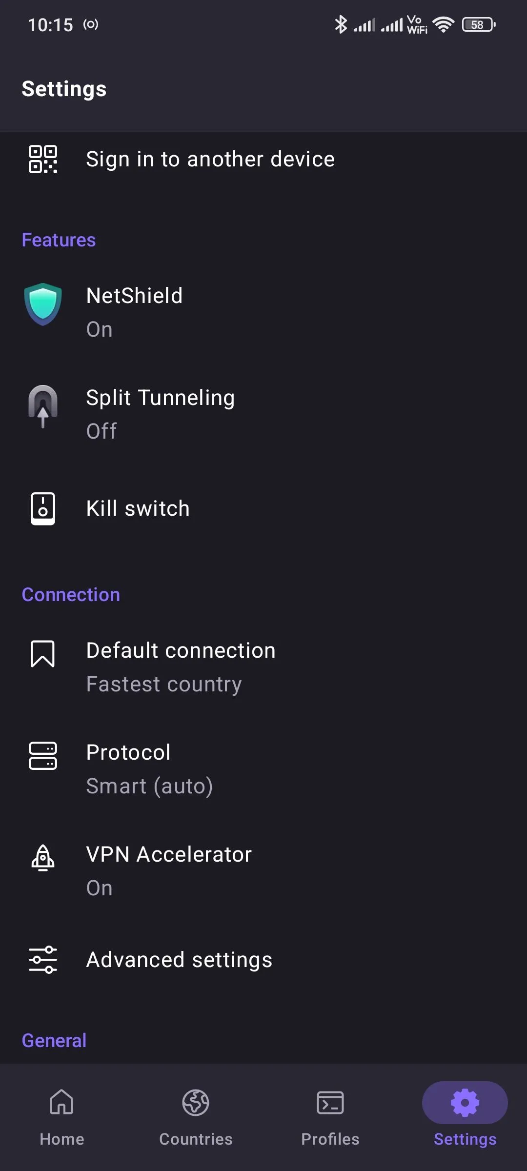 Cài đặt trong ứng dụng Proton VPN thể hiện các tùy chọn tùy chỉnh để bảo vệ quyền riêng tư khi duyệt web.