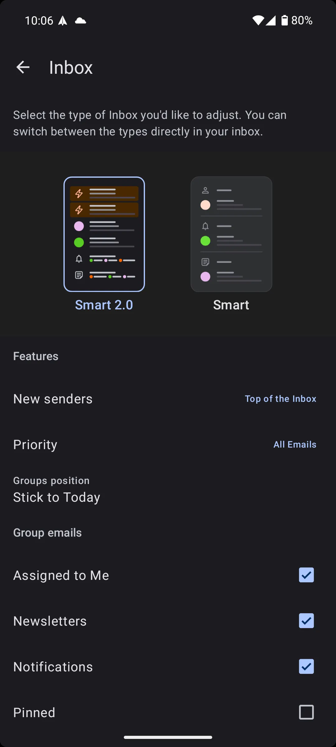 Cài đặt tùy chỉnh chế độ xem Smart 2.0 trong Spark Mail Android, cho phép người dùng điều chỉnh phân loại email